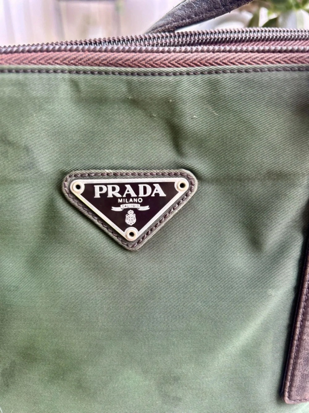 Authentic Prada  Vintage Olive Green Nylon Tote with Dark Brown Leather Straps - Picture 6 of 16
